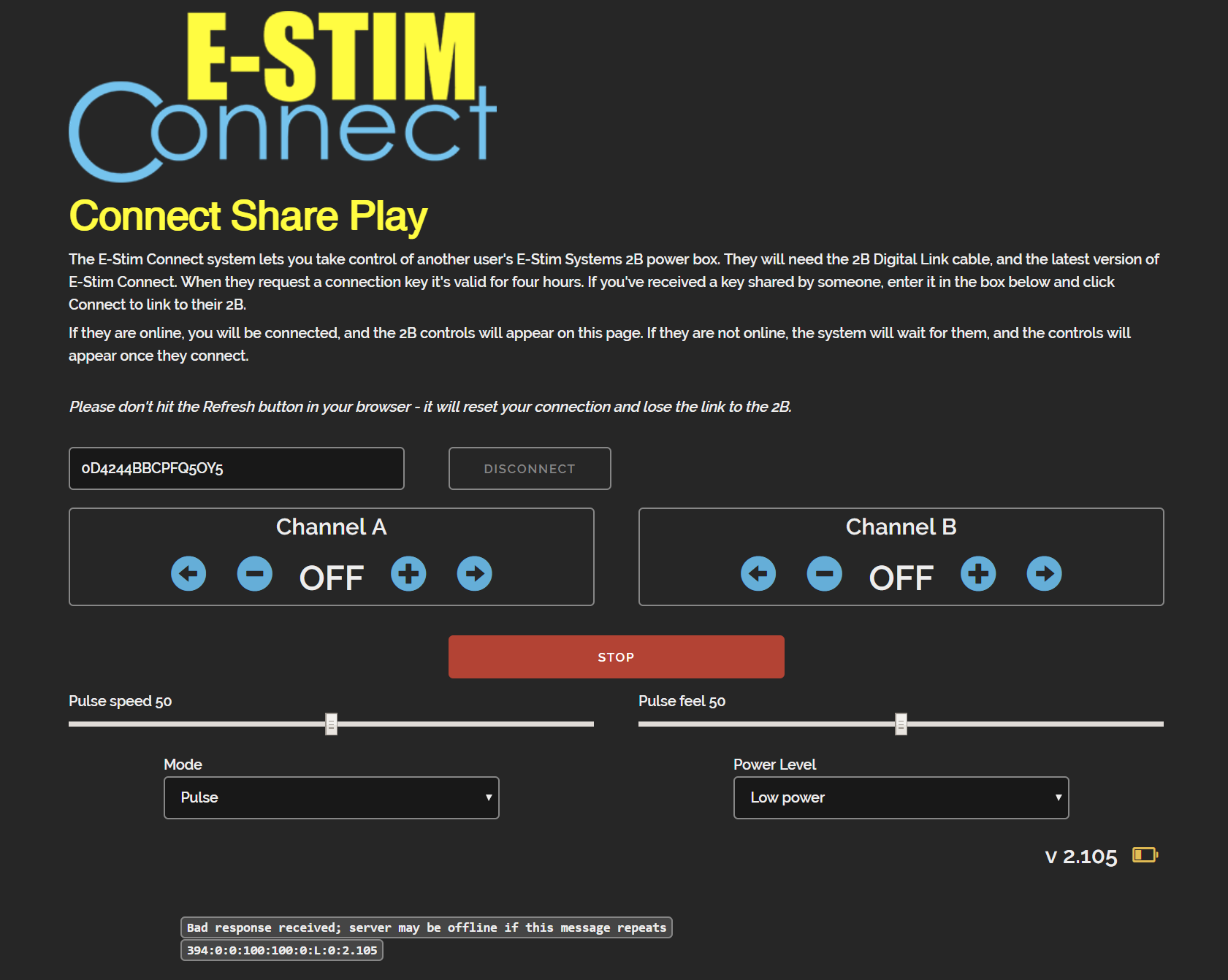 E-Stim Connect main screen