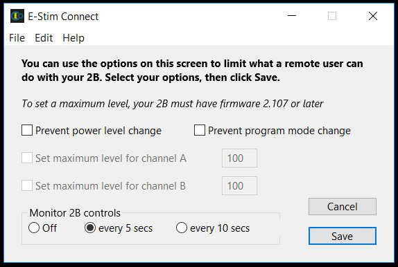 E-Stim Connect Preferences screen