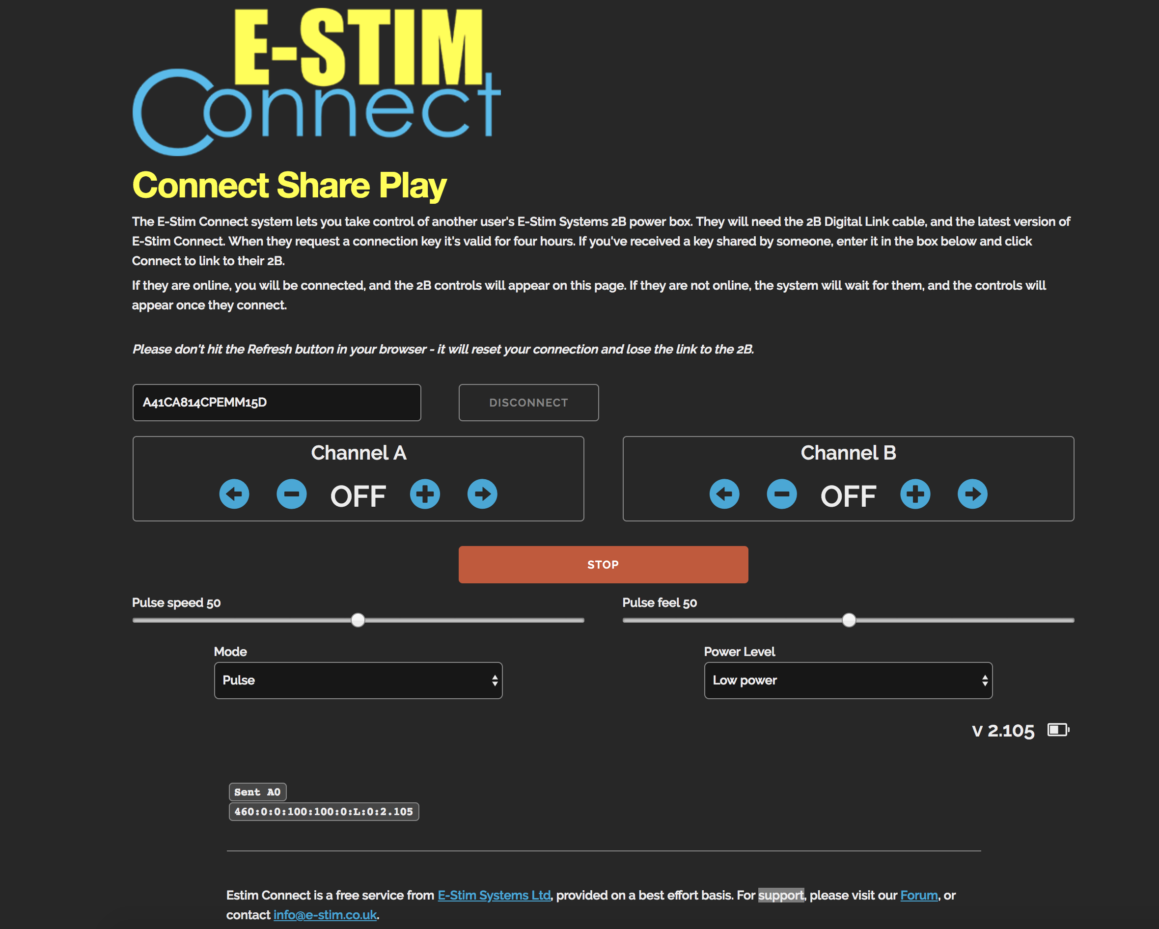 E-Stim Connect active webpage